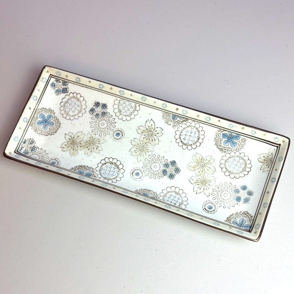 Cost Plus World Market Blue and Cream Floral Driftwood Sushi Plate Tray
